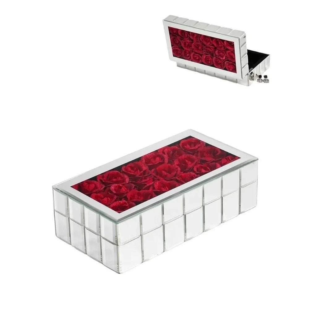 Mirrored Rose Jewelry Box Red Eternal Roses Glass Ring Organizer Gift